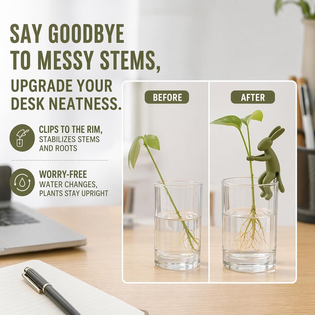 Set van 3 decoratieve plantensteunen in konijnenvorm, hydrocultuuraccessoires voor stekken, plantenbeveiliging en rankhulp voor glazen vazen in smaragdgroen