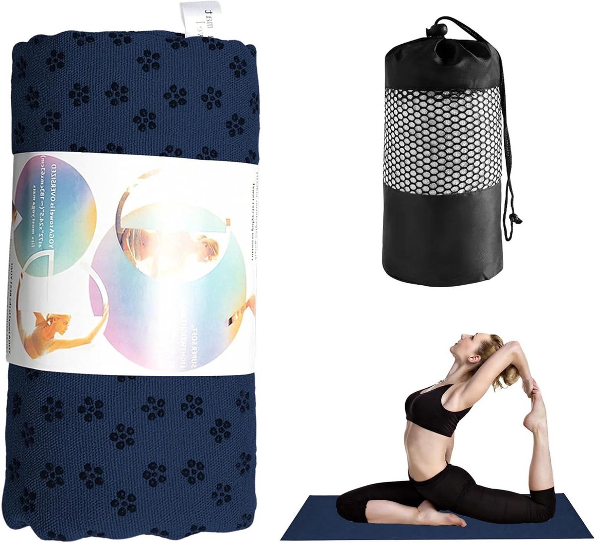 Yogahanddoek met grip - Microvezel handdoek - Hete yoga oefening - Uitstekende tractie - 183 x 61 cm - Marineblauw