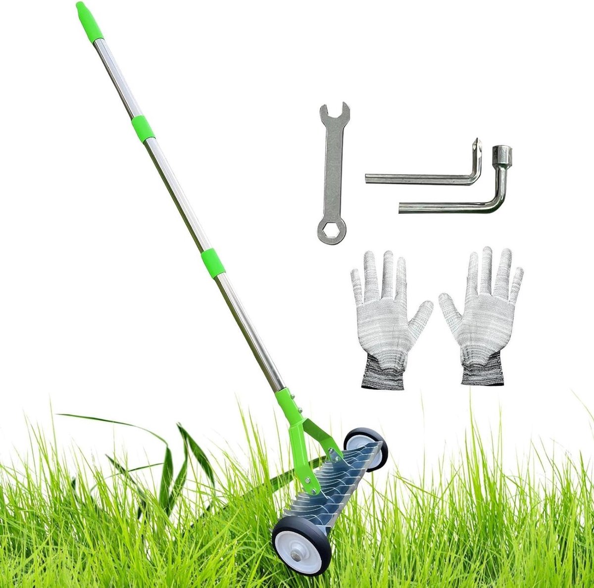 Verticuteerhark - Gazonhark Zodenverwijderaar - Gazononderhoud - Verstelbare Handsteel - 120 cm - Groen
