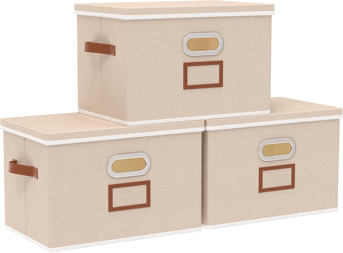 Set van 3 Opbergdozen, Vouwbare Stoffen Dozen met Label, Opbergmand met Deksel voor Kasten en Planken, 45 x 30 x 30 cm, Beige en Ruimtebesparend