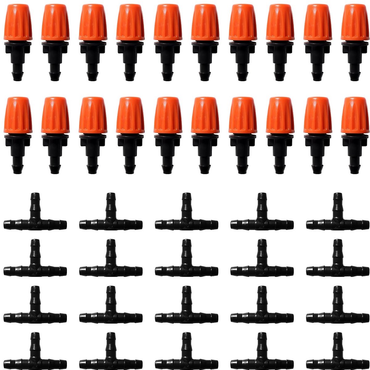 20 Stuks Verstelbare Micro Dops en 20 Stuks Tee Connector voor 4/7mm Druppelsystemen, Tuinirrigatie, Waterbesparing en Efficiënte Besproeiing