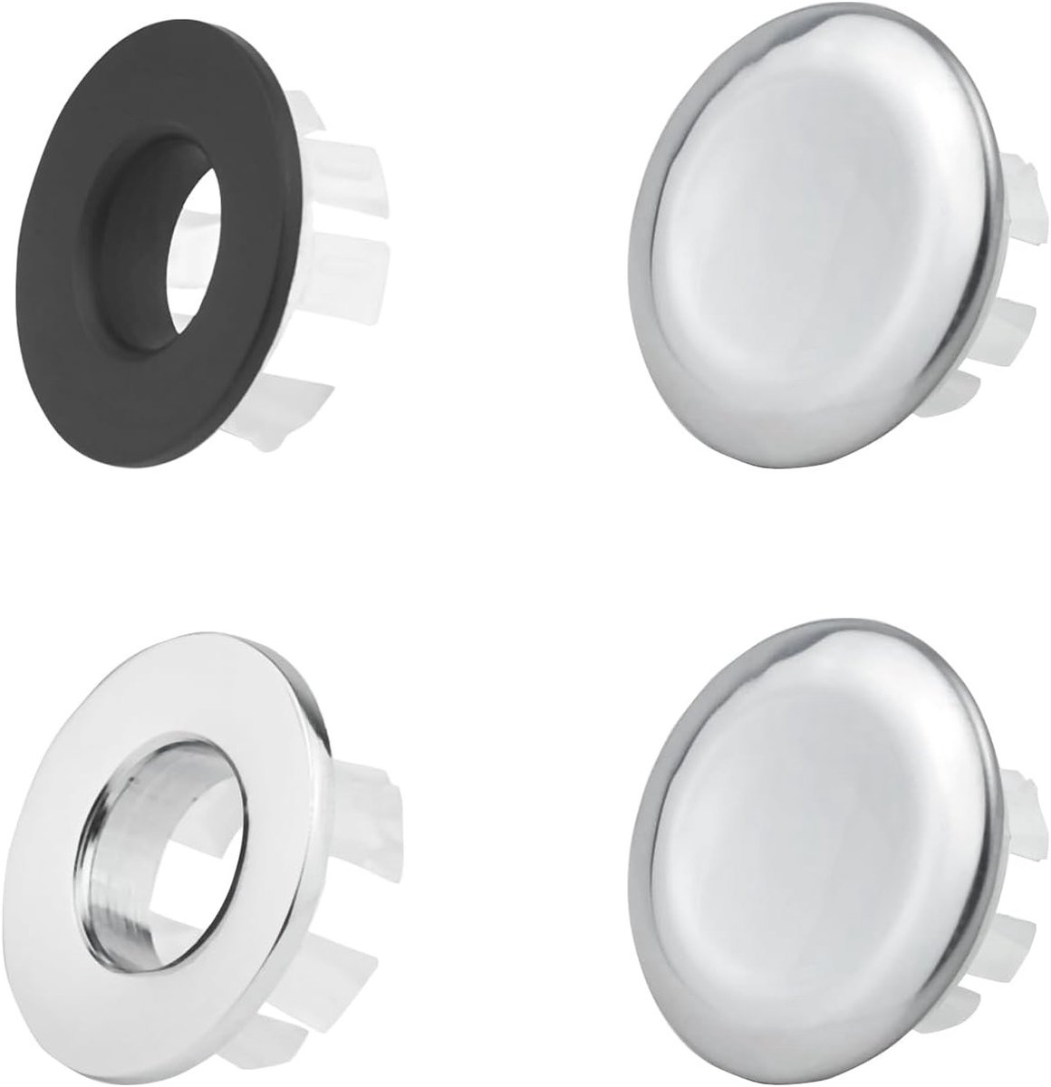 4 Stuks Universele Overloopdeksel voor Wastafel, Overloopstop en Rosette Accessoires voor Keuken en Badkamer (Zilver, Zwart)