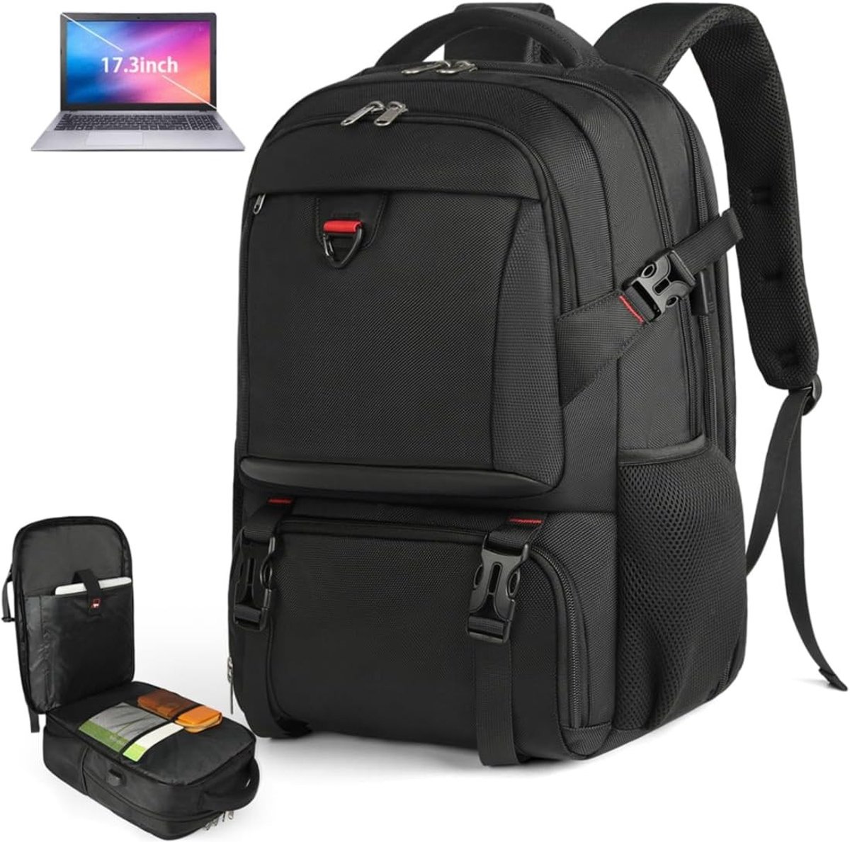 Picknickrugzakset - Zwart - Laptoprugzak 17,3 inch - Geïsoleerd Lunchcompartiment en USB-poort - Waterdichte Koeltas voor Werk en School