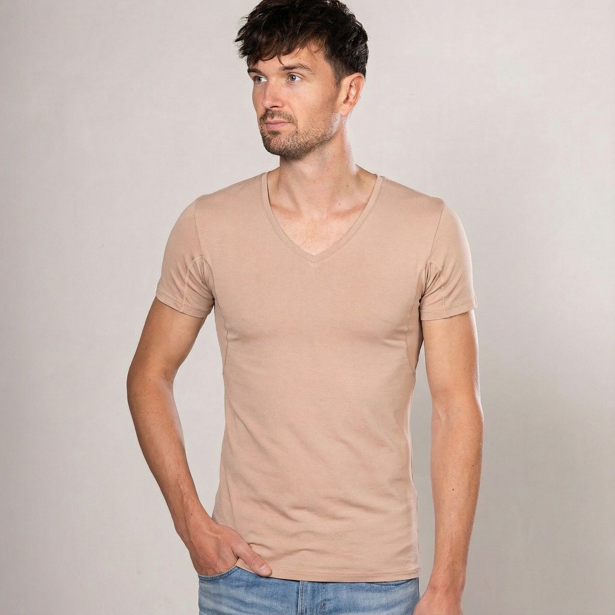 Alca Fashion - Extra Long - Heren T-Shirt Lite Diepe V-Hals - Natural - L