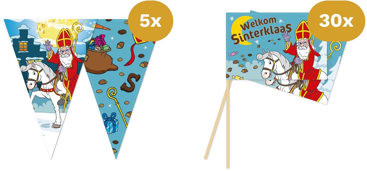 Sinterklaas Versiering Vlaggenpakket Groot - 5x Vlaggenlijn 10m & 30x Zwaaivlaggetjes - Straatversiering XL