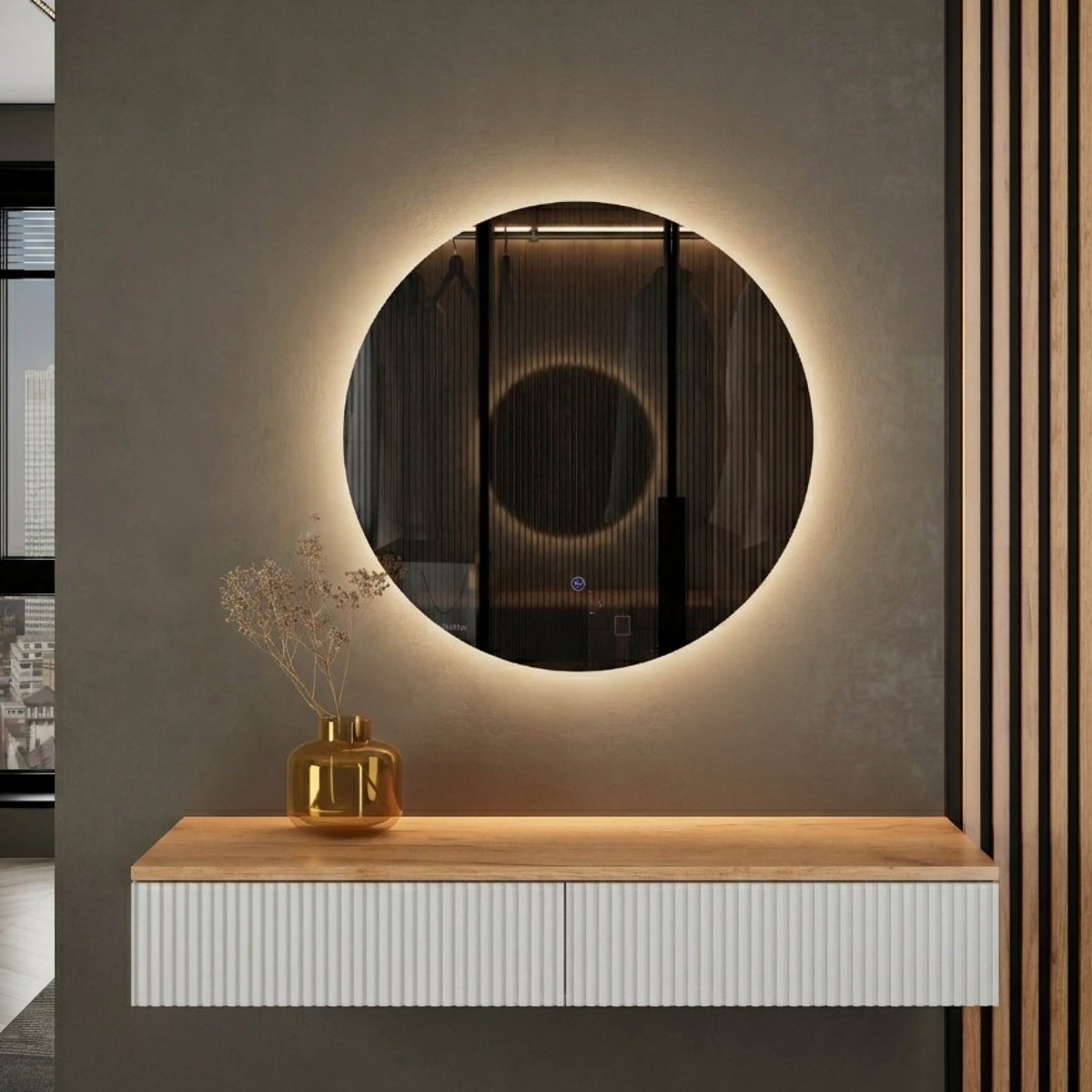 Planetmöbel AMYRA Wandconsole 100 cm – Goud Eiken/Wit – NOVA LED Spiegel 60 cm – Dimbaar – Touchbediening