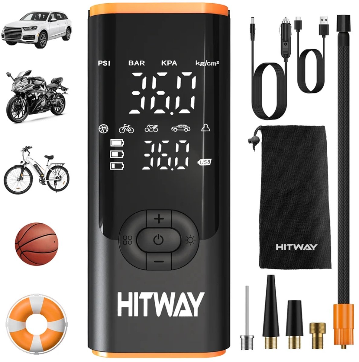 Hitway Draagbare Luchtcompressor 6000mAh Oplader 3 - 150PSI Digitale Bandenpomp met LCD - scherm LED - noodlamp voor Auto Motor Fiets Bal