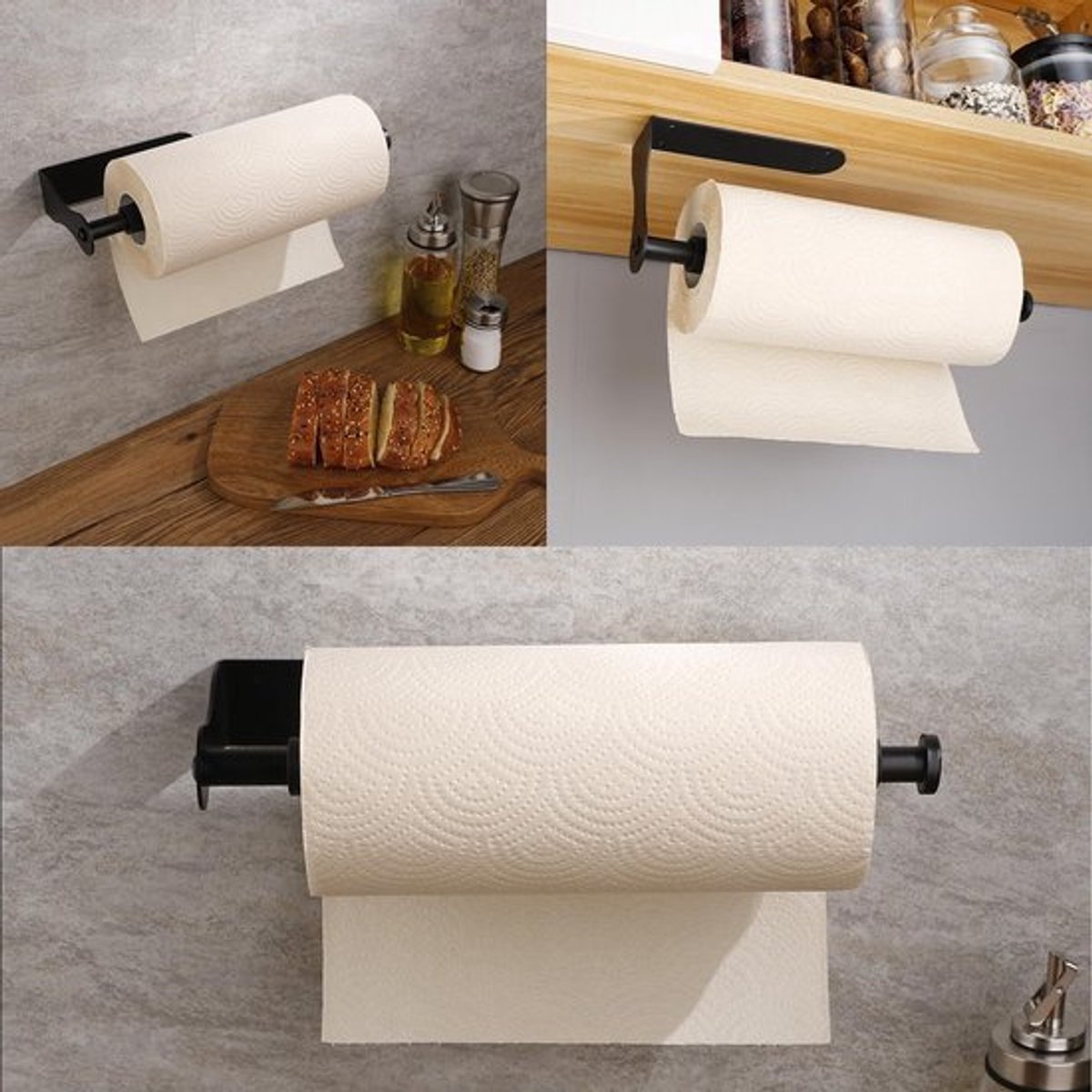 Keukenrolhouder met instelbare demping - Zelfklevend - Roestvrij staal - Voor keuken/badkamer - Eén hand te bedienen - Zwart - Papieren Handdoekhouder