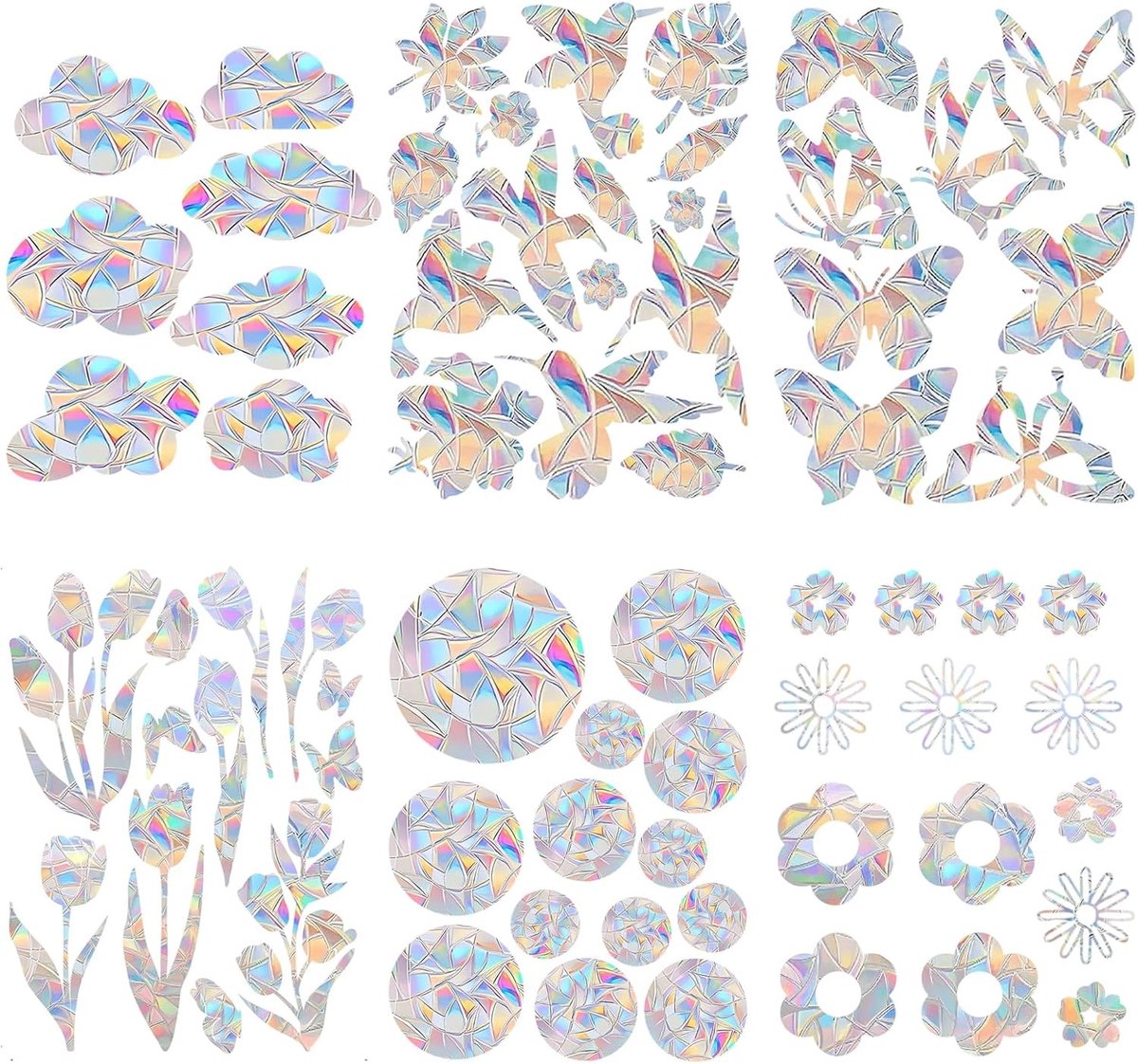 Prism Vensterstickers met Regenboogeffect voor Glazen en Ramen - Vogelbescherming, Geen Lijm Nodig, Electrostatische Hechting, Restvrij, Geschikt voor Deuren en Balkons (6 Ontwerpen)
