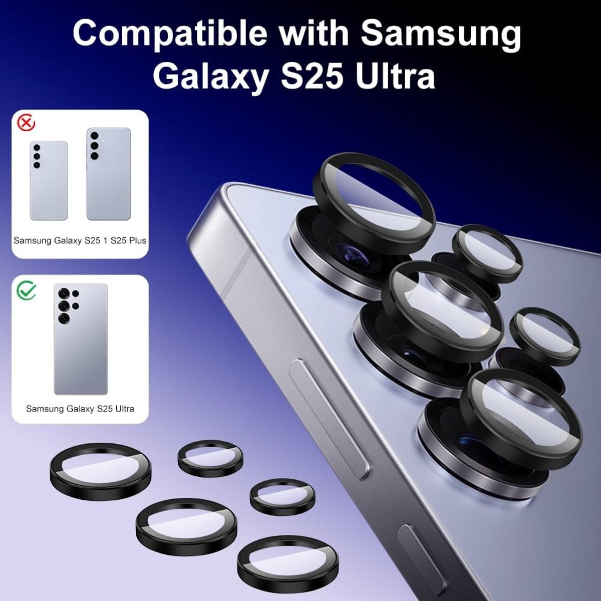 Set van 2 Camera Protectors voor Samsung Galaxy S25 Ultra - 9H Hardheid, Krasbestendig, Tempered Glass Lensbescherming en Schermbeschermer (Zwart)