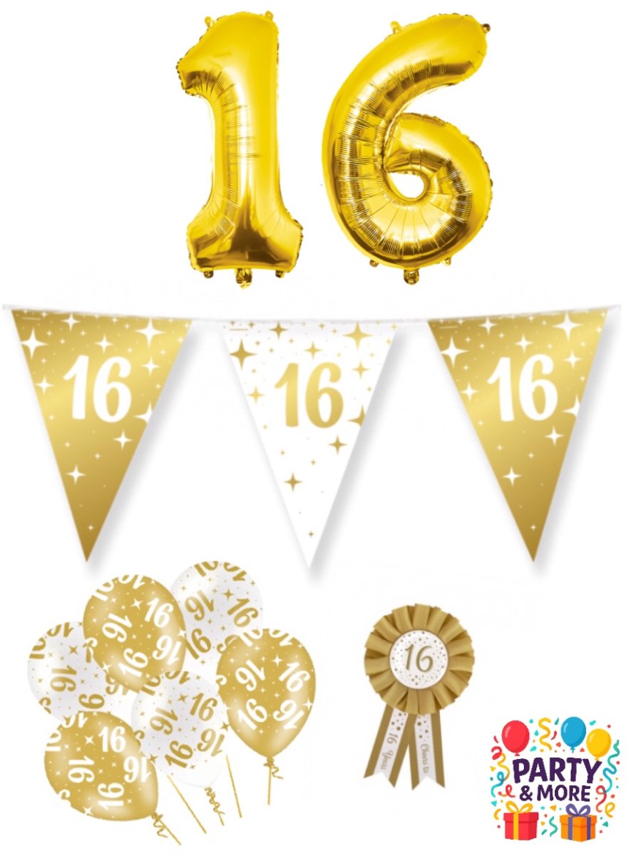 Party & More - 16 jaar - Luxe Gouden Feestdecoratie Set – Compleet Pakket – versiering