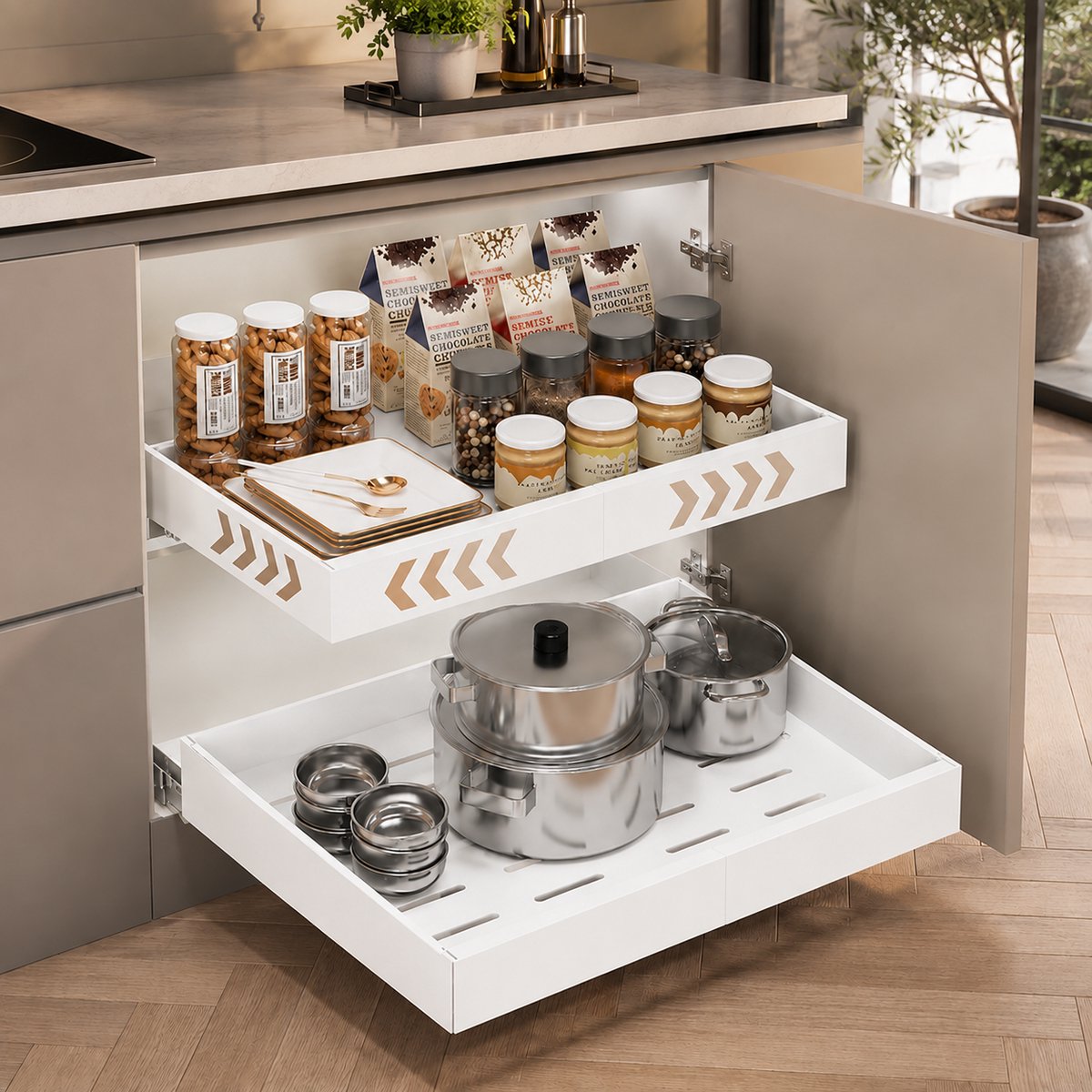 BOTC Uittrekbare Keukenkast Organizer - Verstelbare Schuiflade 32-52 cm met Rails - Heavy Duty Kastlade voor Keuken & Voorraadkast - Wit