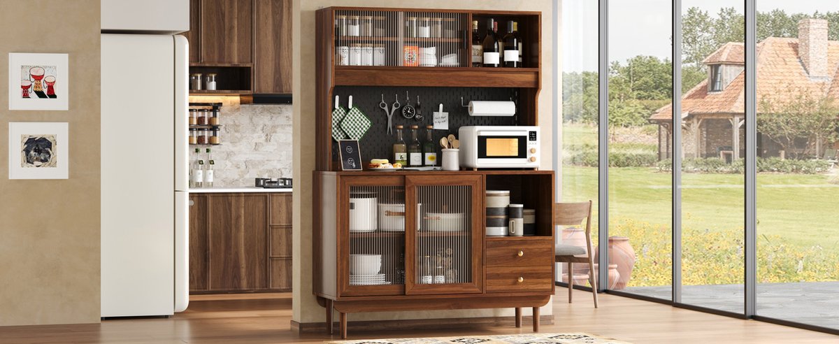Wishdor Keukenbuffet - vier schuifdeuren met ribbelglas - open vakken - twee laden - MDF en spaanplaat - walnoot - 117 cm