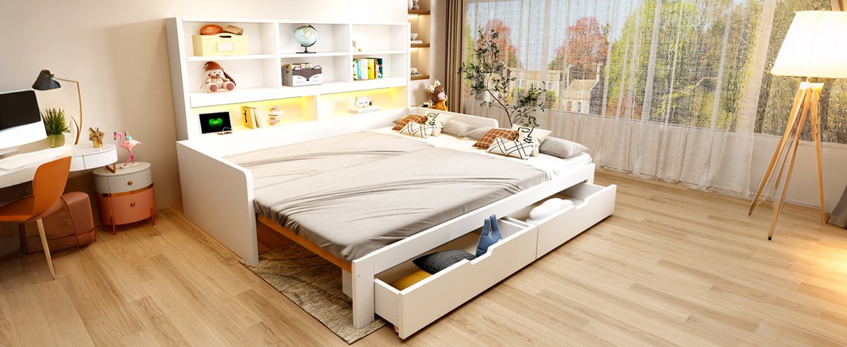 Wishdor Slaapbank 90/180x200 cm - Uitschuifbaar bed - Open opbergruimte en 2 lades - LED-verlichting en stopcontacten - MDF - Wit