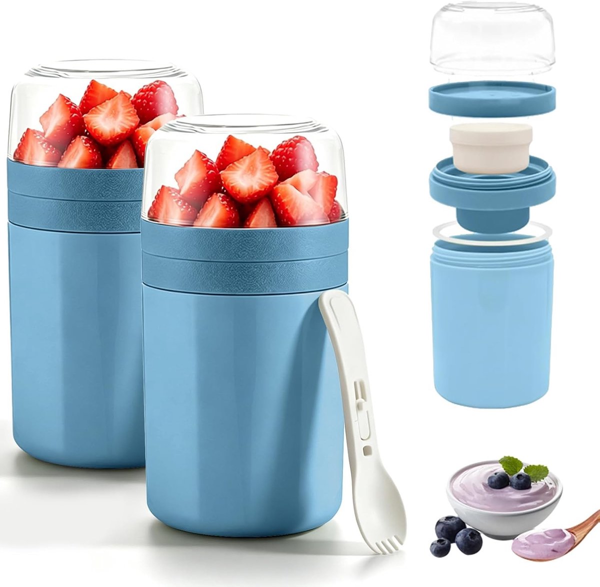 Yoghurt beker to go - Blauw - 520 ml + 250 ml + 50 ml - Drie-laags kunststof met lekvrije afdichting - Voor onderweg en dagelijks gebruik