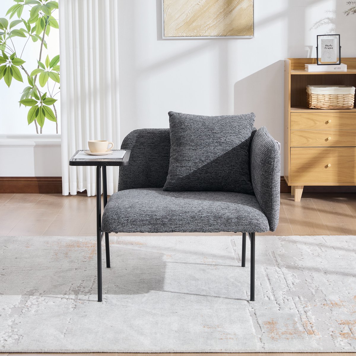 Wishdor Fauteuil met bijzettafel en opbergtassen - Chenille stof - metalen frame - donkergrijs - 86 x 72 x 71 cm