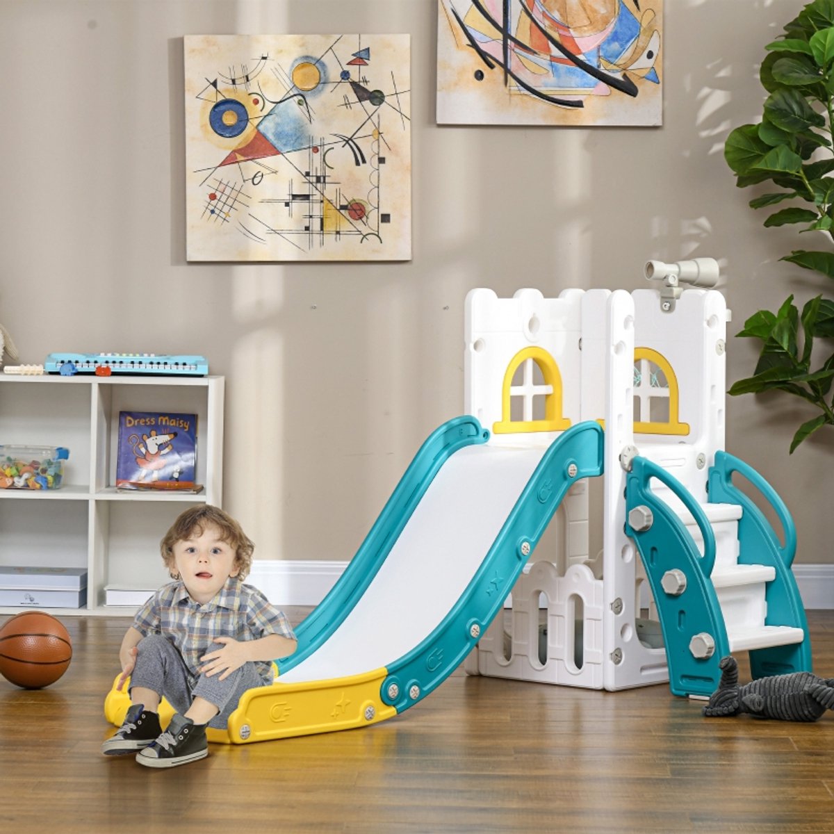 COVREO Kinderrutsche 70 x 177 x 92 cm geel kunststof, 4-in-1 speelset