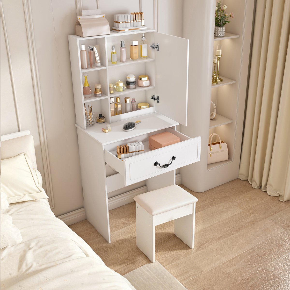 Wishdor Kaptafel - Compact ontwerp met LED-spiegel - Dimbare verlichting en opbergruimte - Modern - MDF - Wit - 60 x 36 x 131,5 cm