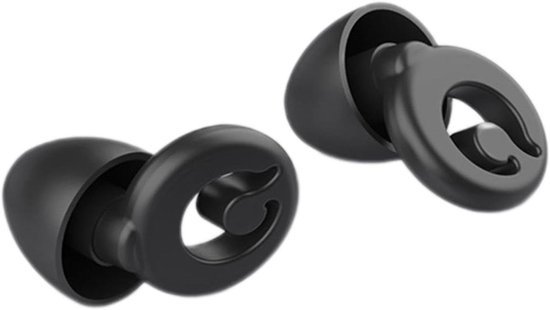 Twee zwarte, ergonomische siliconen oordopjes met een ringvormig ontwerp.