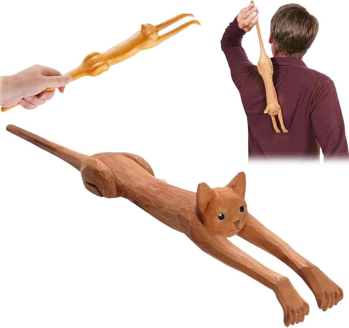 Rugkrabber Kat Vorm - Houten Massager - Verlicht Jeuk - Uniek Kattenontwerp - 48 cm - Houtkleur