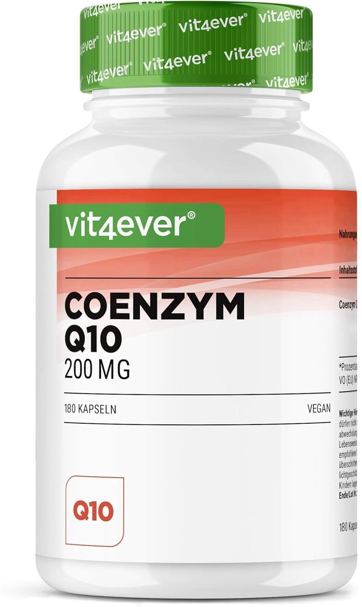 vit4ever Co-enzym Q10 met 200mg per Capsule - 180 Vegan Capsules - 6 Maanden Voorraad - Hoogwaardig Q10 - Hooggedoseerd, Zonder Onnodige Toevoegingen