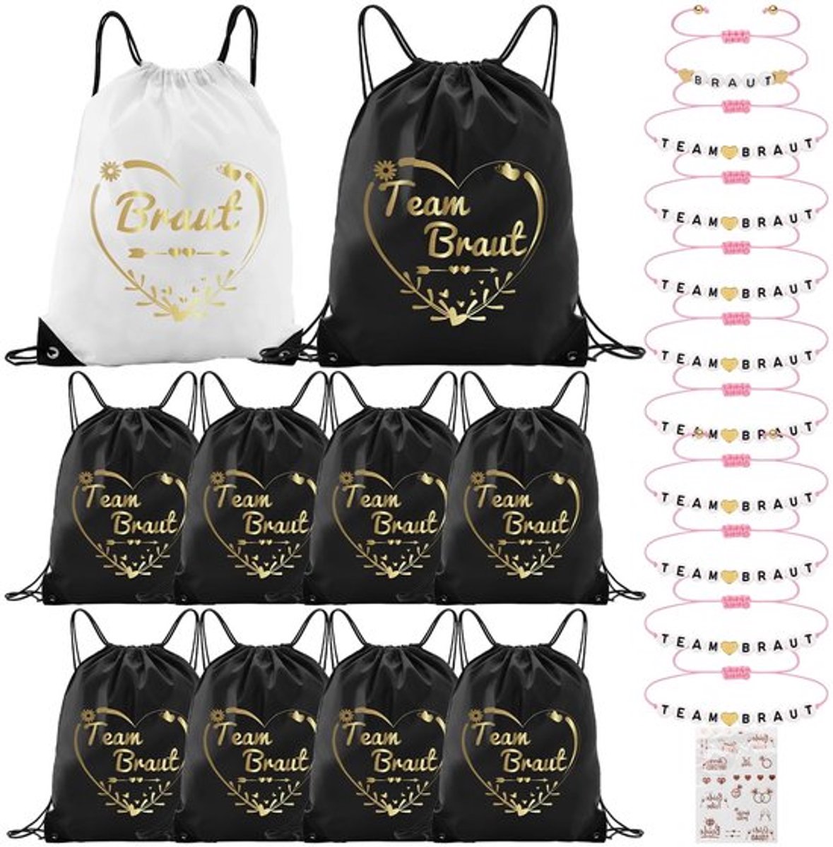 10 Team Bride gymtas met trekkoord (42 x 33 cm) en 10 armbandjes voor dames, 1 sticker, vrijgezellenfeest, dames, bruid tas, rugzak, team bruid, set voor bruiloft, bruid, feest, zwart