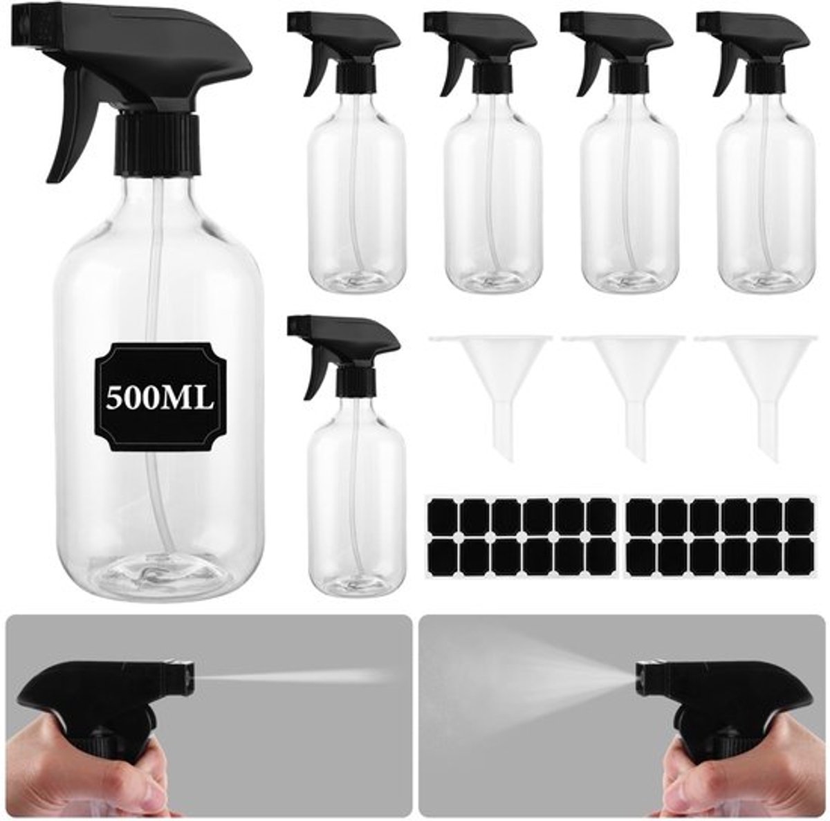 Spuitfles 500 ml - 6-delige Set - Waterspuitfles - Verstuiver - Knijpfles - Kunststof - Verstelbaar mondstuk - Spray Bottle