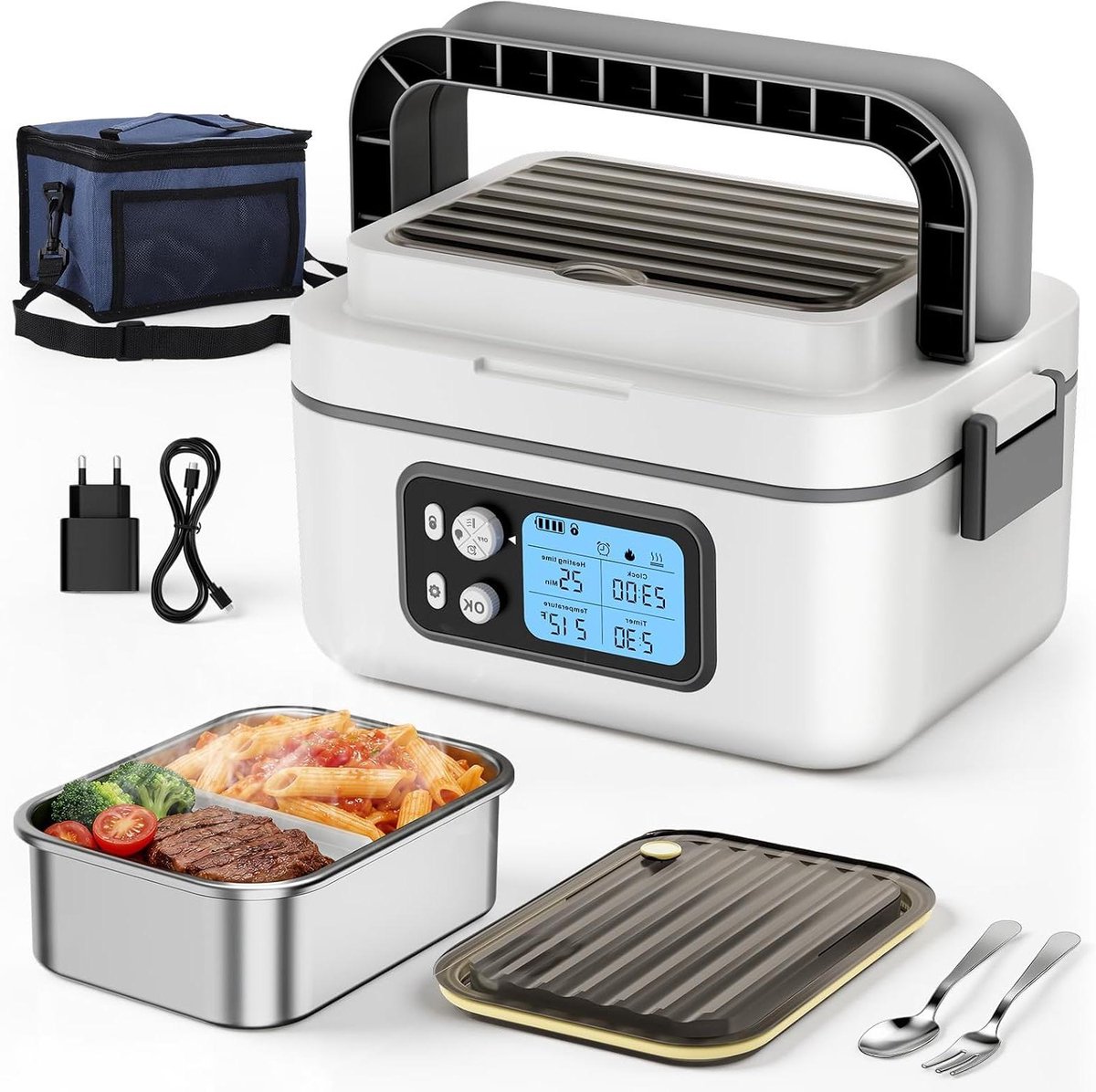Verwarmde Lunchbox - Elektrische Boterhamtrommel - Warm Eten Onderweg - Dubbelwandig Geïsoleerd - 15 Liter - Grijs