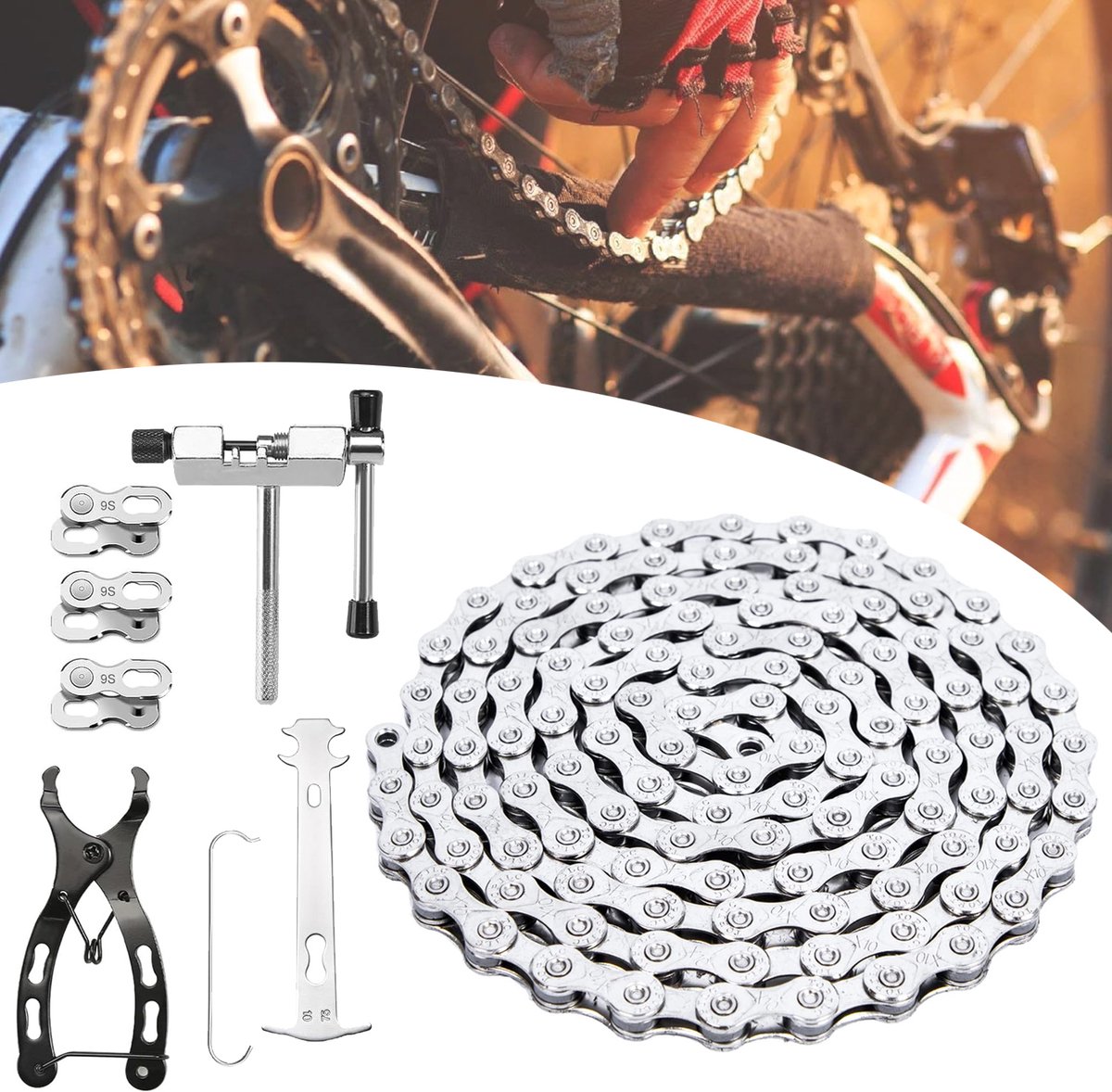 Fietsketting - Fietsketting Voor 6/7/8 Versnellingen - 116 Schakels (1/2x3/32") - Onderhoudsgereedschapset Voor Mountainbikes