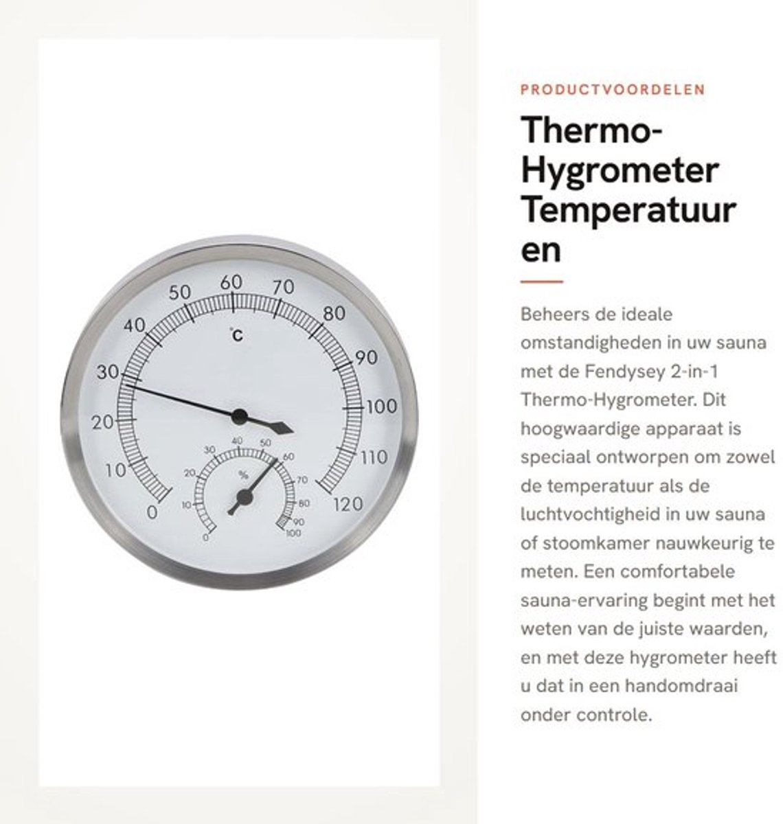 Thermo-hygrometer 2-in-1 - Sauna Thermometer - Hygrometer - Roestvrij Staal - Temperatuur 10-120°C - Vochtigheid 0-100%