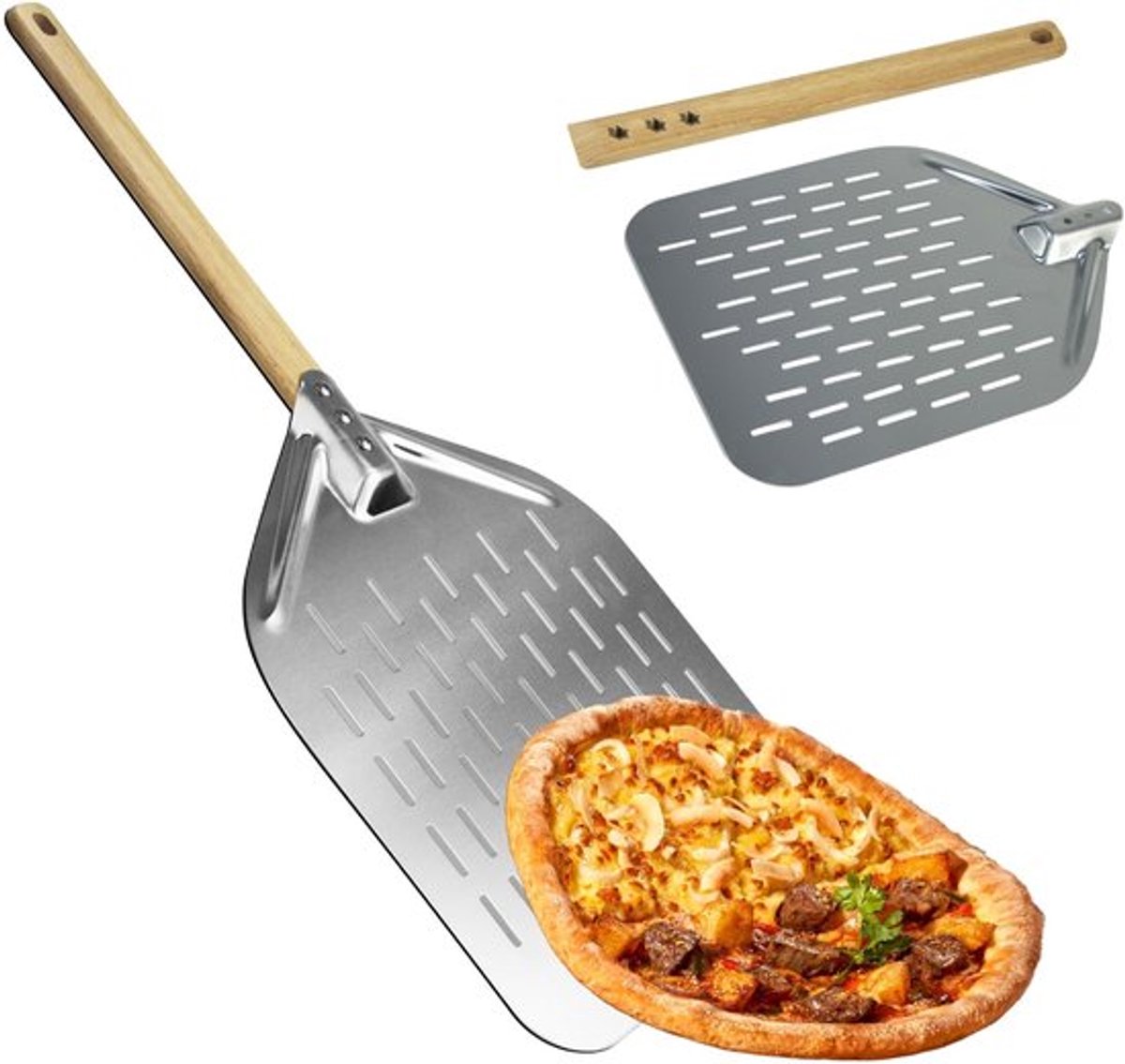Pizzaschep 39,5 x 30 cm - Aluminium - Houten handgreep - Antislip - Geperforeerd - Professionele grip - Pizzaspade