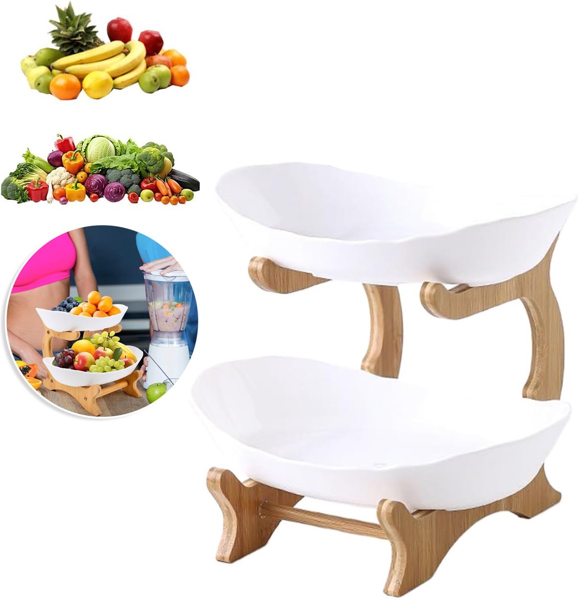 Bamboe Fruitrek Met Stapelbare Trays - Gemaakt Van Natuurlijk Hout En Wit PP Eenvoudig Te Monteren Veelzijdig - Een Aanrechtorganizer Voor Het Bewaren Van Noten, Snacks En Groenten En Fruit