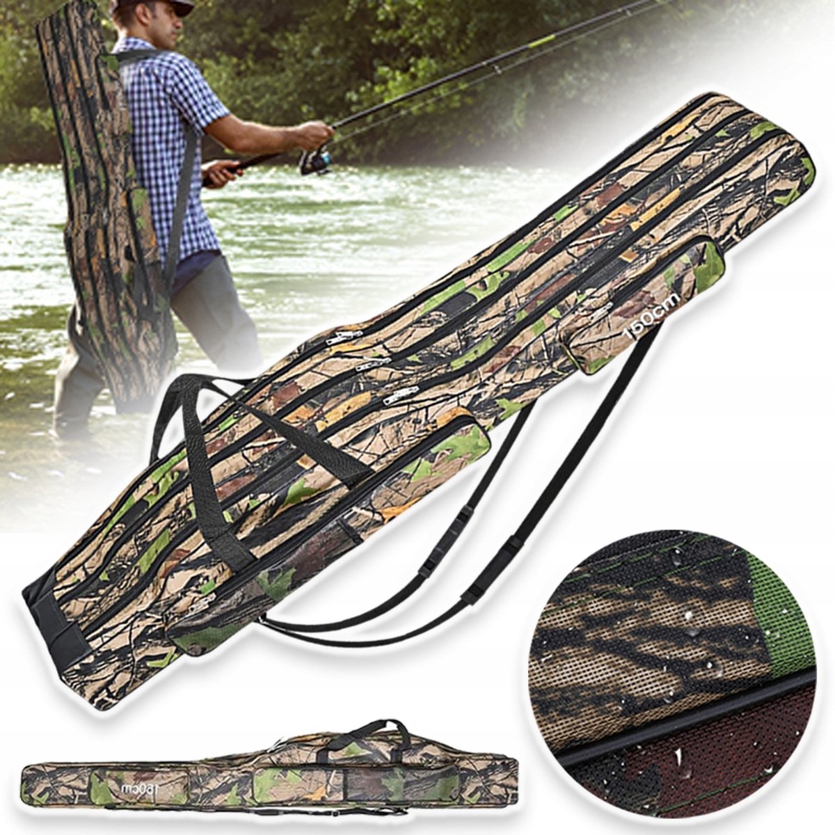 Grote Hengelkoffer 150 cm - 600D Polyester Waterdicht 3 Opbergvakken Te Dragen in De Hand of over De Schouder - Tweewegritssluiting, Draagbaar - Boomstructuur