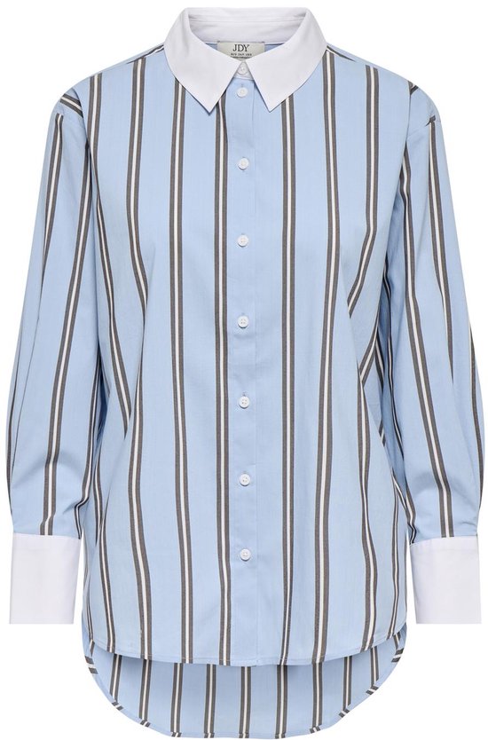 Lichtblauwe blouse met verticale strepen in wit, grijs en bruin. Witte kraag en manchetten.