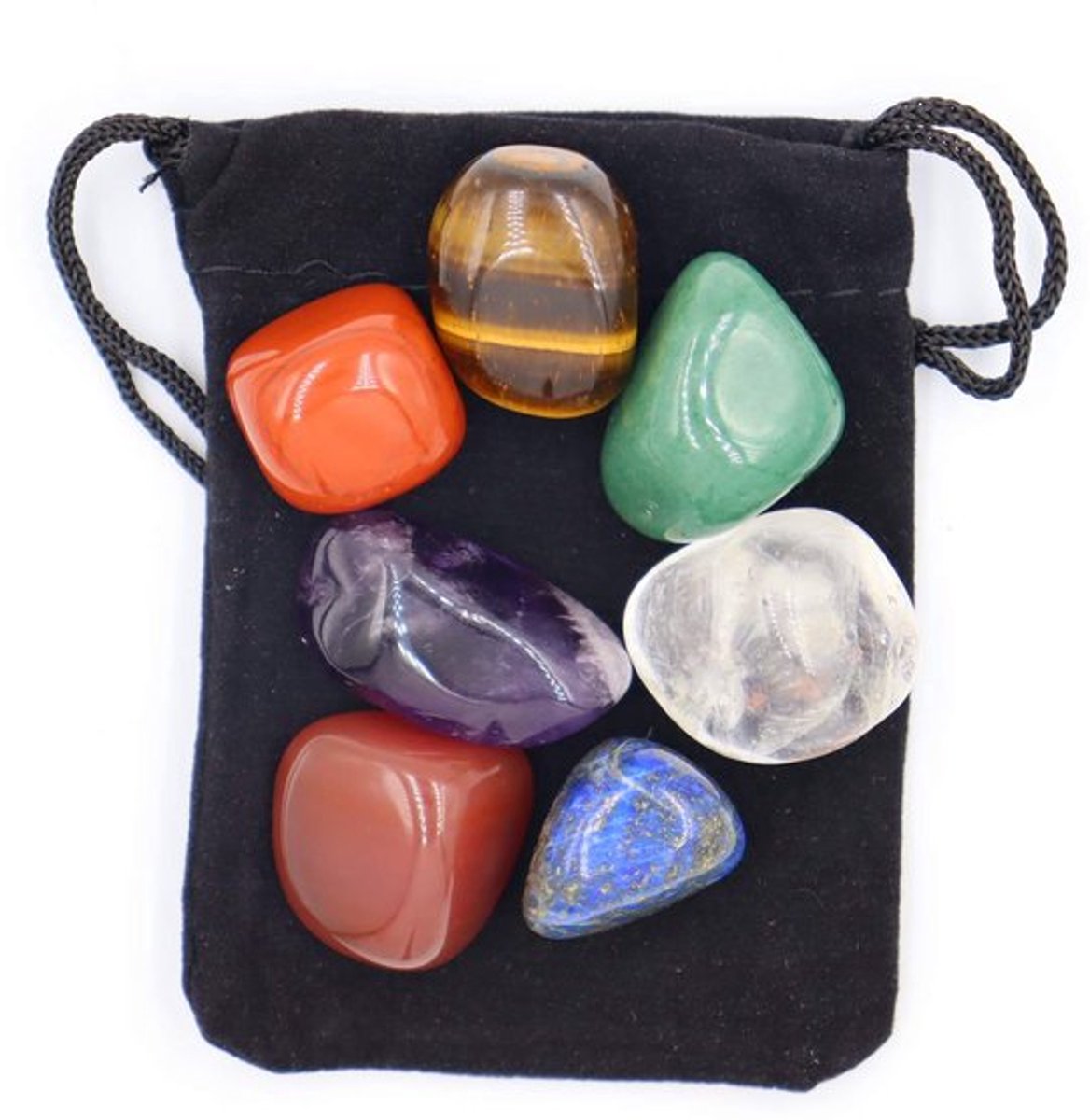 Chakra Stenen Set van 7 - Edelstenen voor Aarding - Amethist - Tijgeroog - Groene Agaat - Kalmerende Meditatie - Inclusief Fluwelen Zakje - Kristallen
