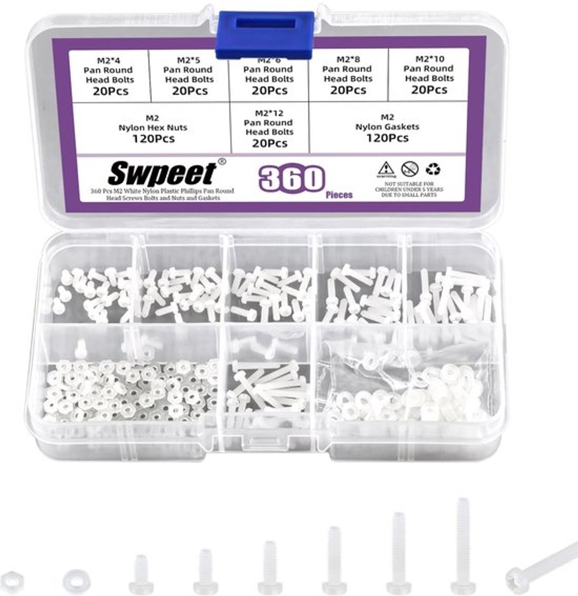 Swpeet 360 stuks 6 maten M2 wit nylon pan ronde kop schroeven met zeskantmoeren en afdichtingen assortiment kit, nylon Phillips Cross Pan ronde kop schroef, lengte 4/5/6/8/10/12 mm