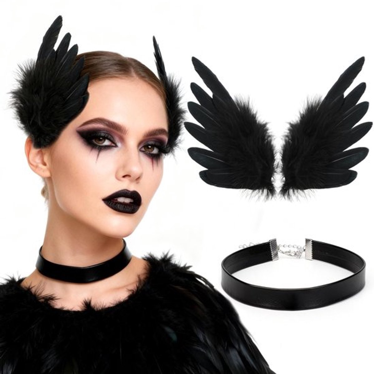 Veerhaarspeld Zwart - Haarsieraad Bruid - Haaraccessoires - Engelenvleugels - Leren Choker - Handgemaakt