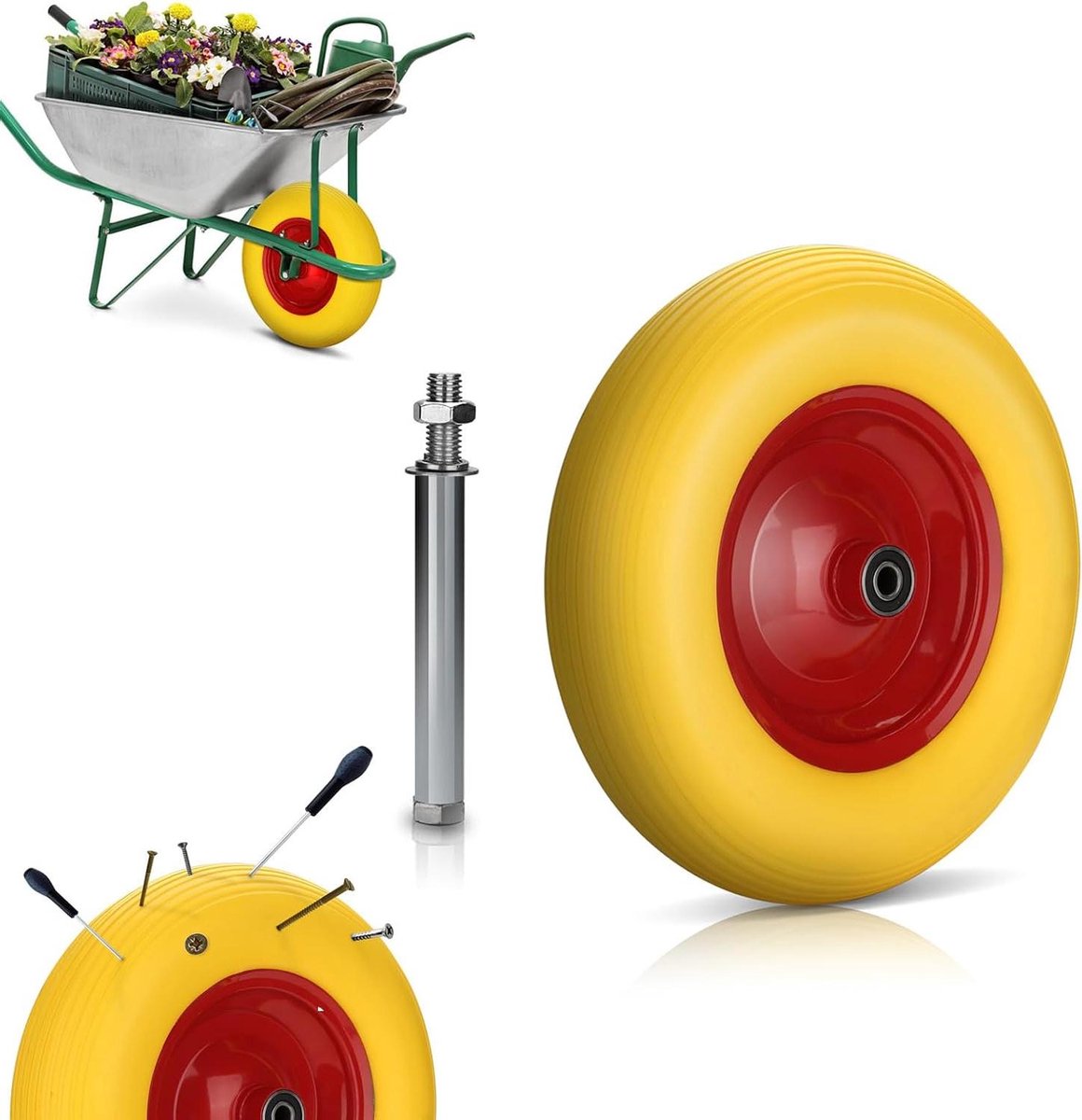 Kruiwagenwiel Massief Rubber - Steekwagenwiel Reservewiel - Tuintransport - Lekvrij Band - Ø 390 mm - Geel-Rood