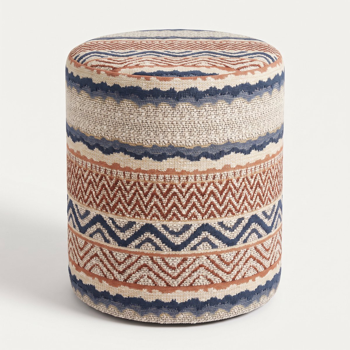 Mörgenn Poef Stripe Terra Blue - Ronde Poef en Voetenbank - Jacquard Streep - 70x70x40 cm
