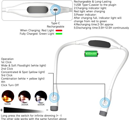 Oplaadbare leeslamp voor om de nek, LED-leeslamp, 3 kleurstanden en instelbare helderheid, flexibele handsfree lamp, perfect voor breien en knutselen, wit. — afbeelding 4