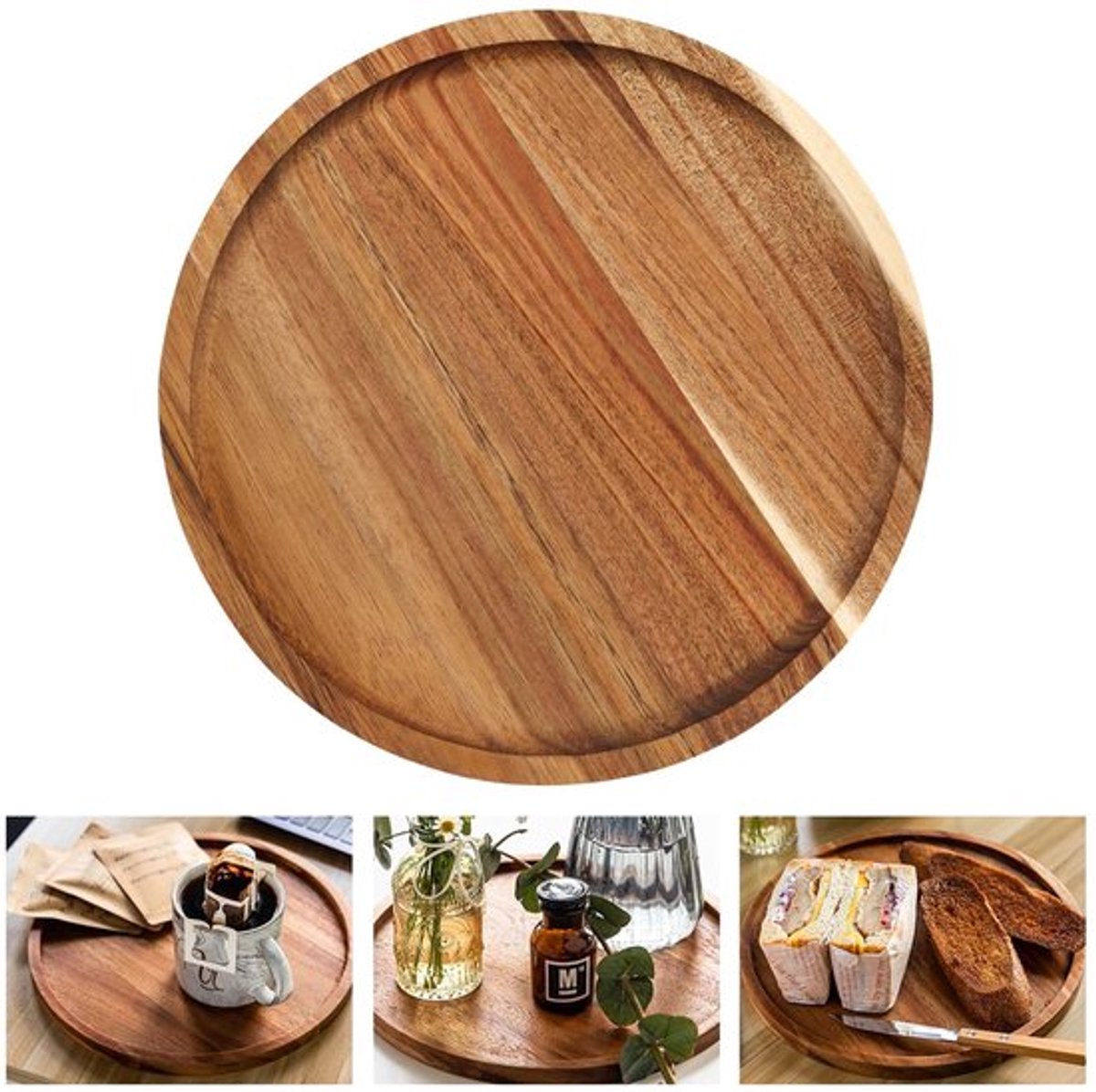 AKONE Acacia houten ronde dinerbord, 20 cm, minimalistische stijl, dienblad voor snack, dessert, kaas, sandwich, fruit
