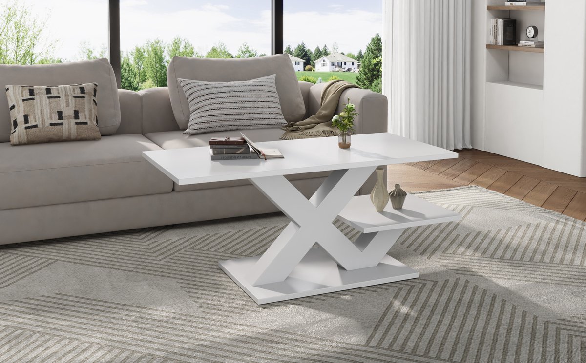 DESMIU Salontafel - Hoogglans Wit Met X Poot En Dubbele Tafelbladen - Modern Voor Woonkamer En Bijzetgebruik - MDF - 100x48x45 Cm
