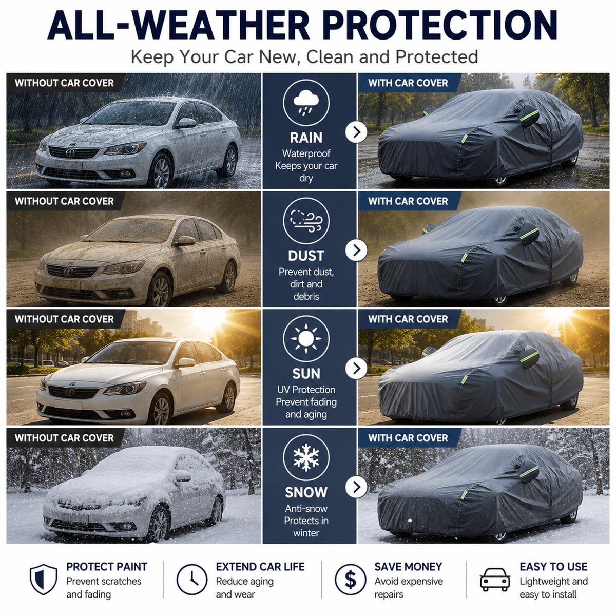 KZQ Universele Auto Car Cover - Waterdicht & UV-Bestendig - Voor Sedan - Maat XL (4.2-4.4m) - Zwart