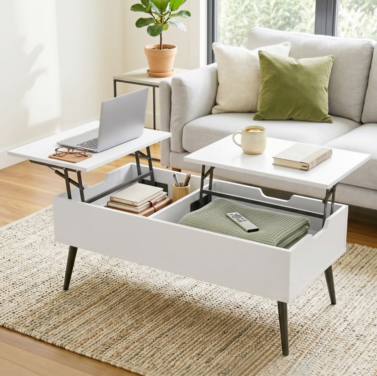 DESMIU Salontafel - Hoogte Verstelbaar Met Dubbel Klapblad En Verborgen Opbergruimte - Voor Woonkamer - Hout En Metaal - 100x50x58 Cm - Wit