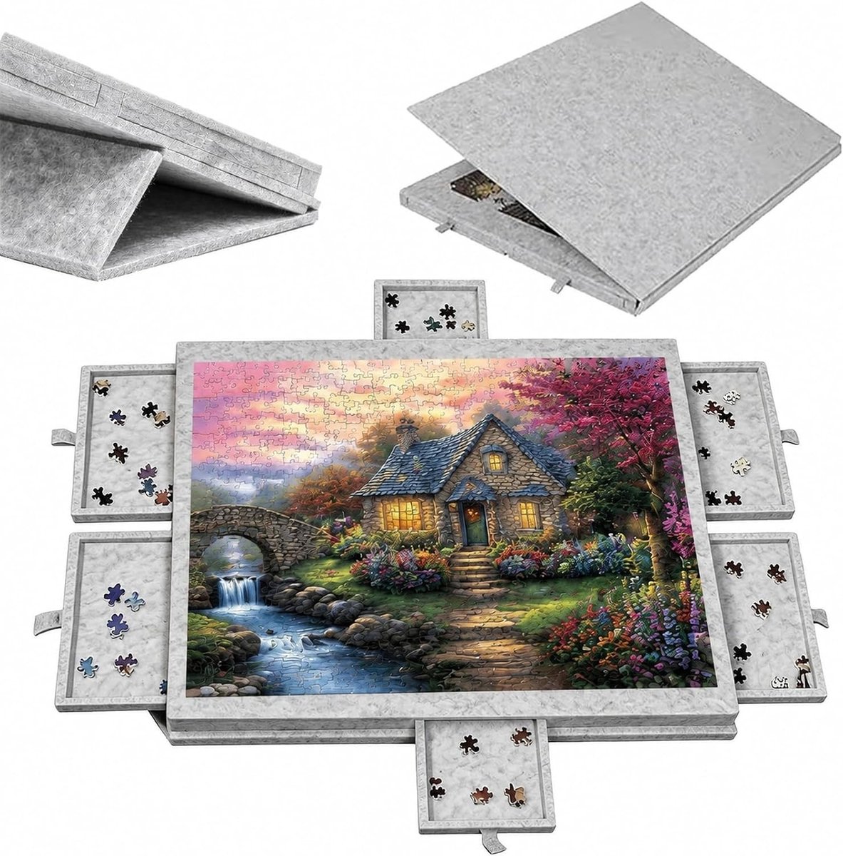 Kantelbare Puzzeltafel - Grijs - 77 x 53,5 cm - Opvouwbare Puzzelplank met 6 Laden - Voor Puzzelliefhebbers tot 1000 Stukken