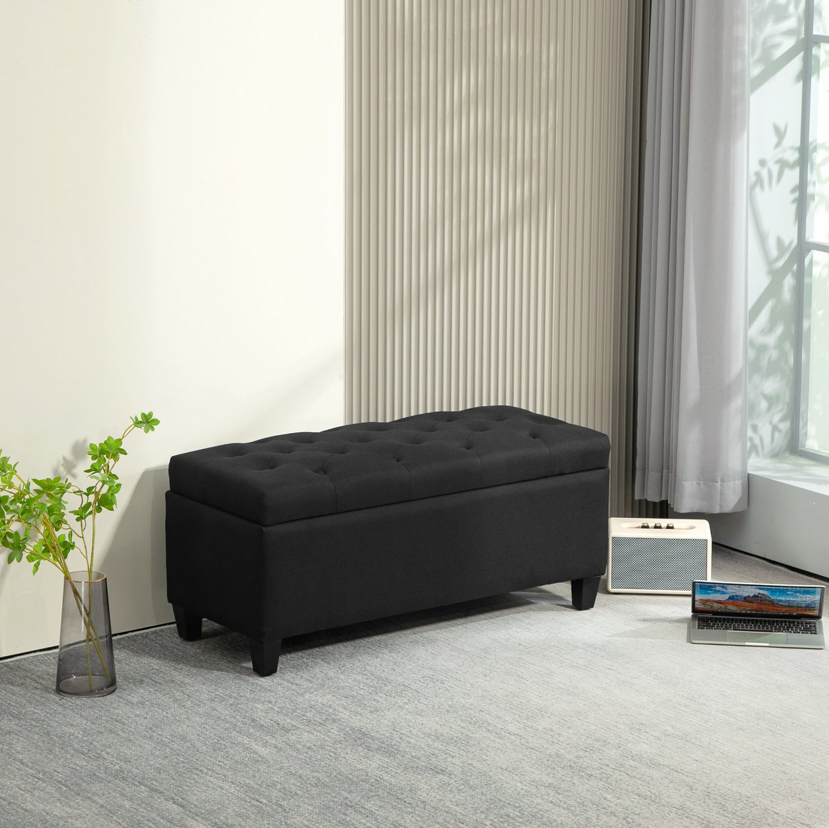 Zitbank Met Opbergruimte – Geknoopte Zitting – 100 x 40 x 44 cm – Polyester – Zwart – Voor Hal En Woonkamer