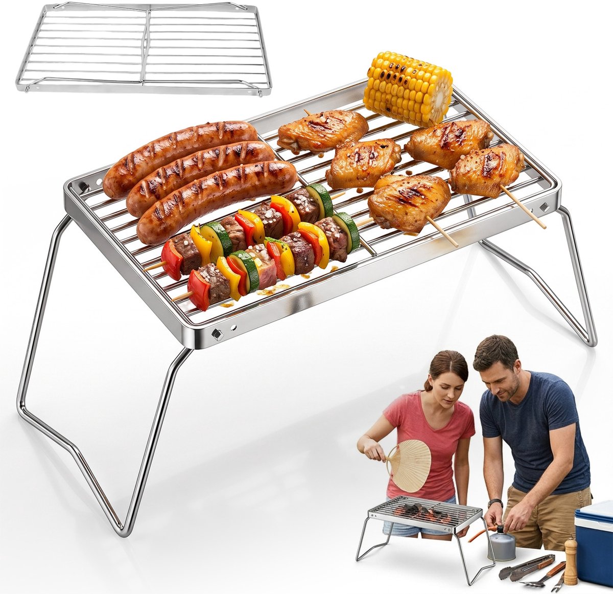 Draagbare Houtskoolgrill - Tafelbarbecue Voor Buiten - Opvouwbaar Barbecuegrill - Voor Bij Het Kampvuur - 30x16x40 cm - Roestvrij Staal - BBQ Grill - Voor Kamperen, Wandelen, Picknicken en Reizen