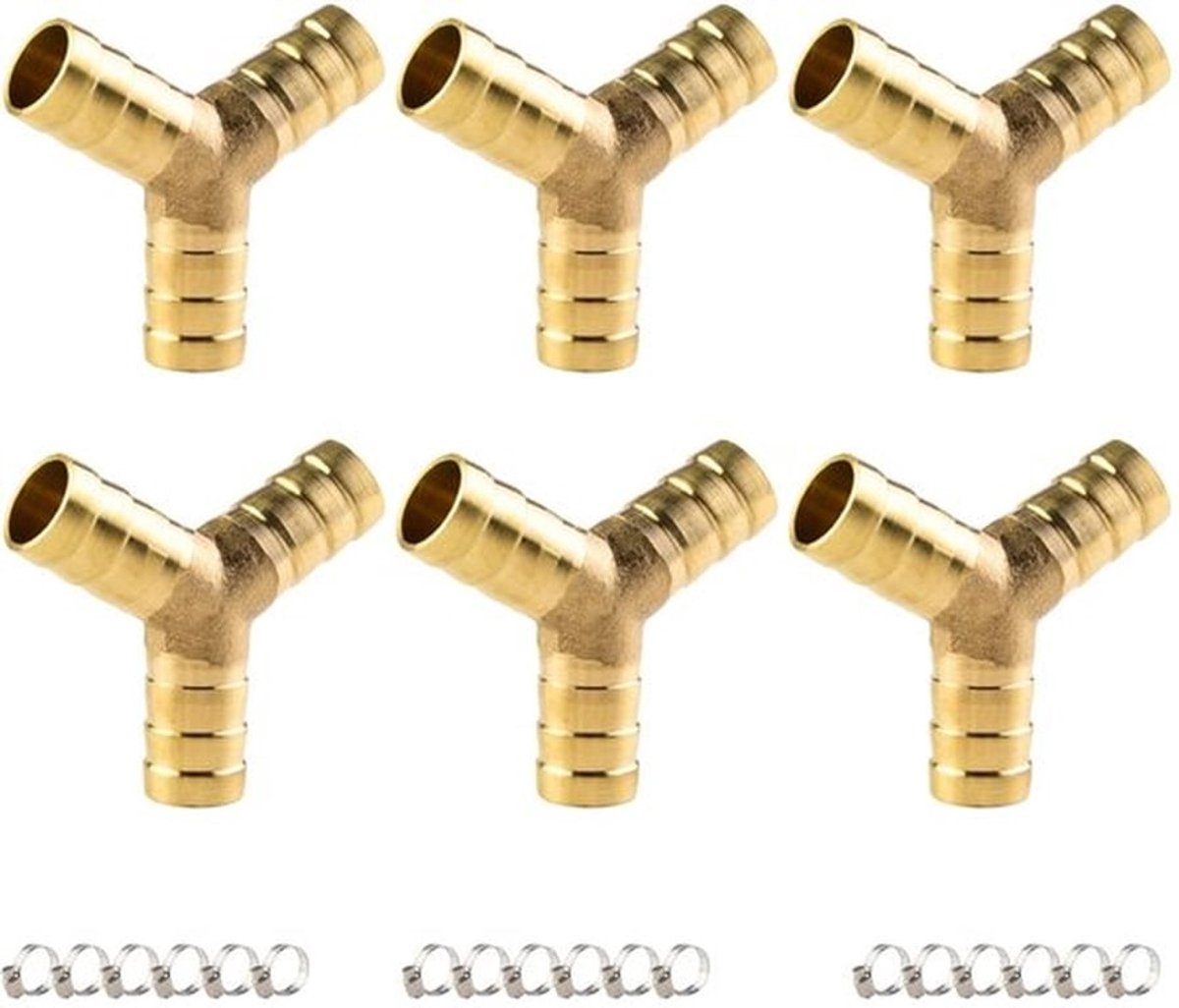 Slangaansluitset 6 Stuks - Messing Connector 3-Weg Y-Vormig - Slangklemmen 18 Stuks - Corrosiebestendig - Hoge Temperatuur Bestendig - Duurzaam - Slangkoppeling