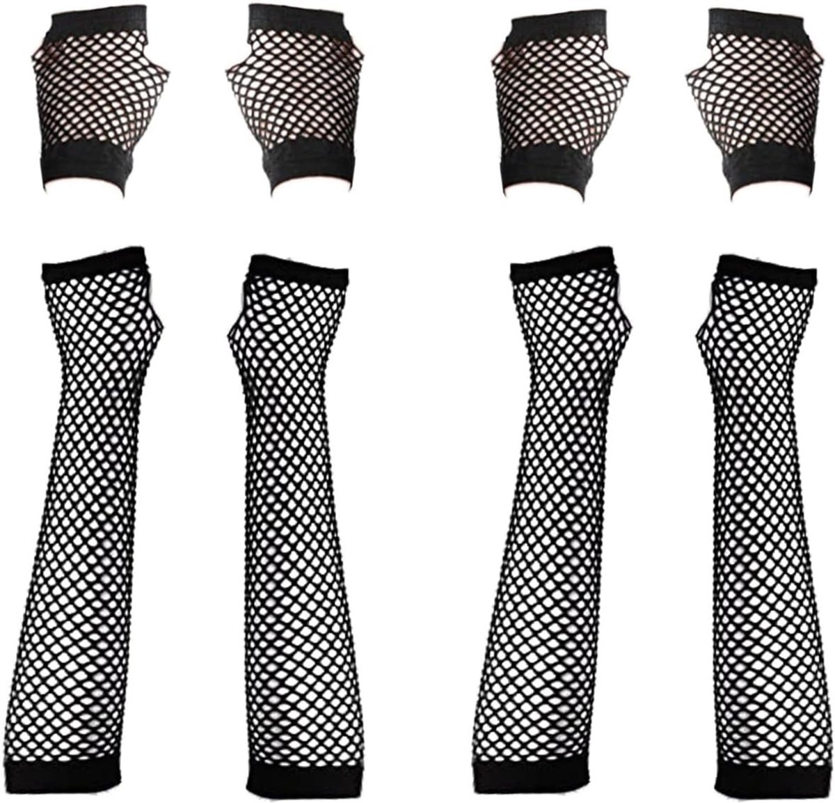 Lange en korte zwarte visnet handschoenen voor dames - vingerloze net handschoenen voor feesten, kostuums en avondkleding - 80s retro stijl accessoires
