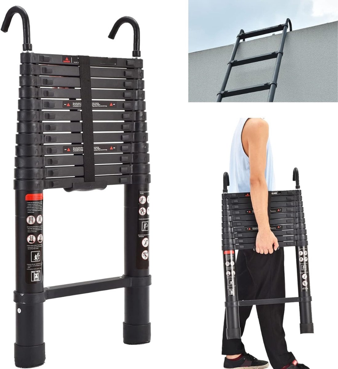 SAVI® Huishoudtrap 12 Treden - Telescopische Trapladder – Uittrekbare Vouwladder – Zwart - 49cm x 13cm x 380cm